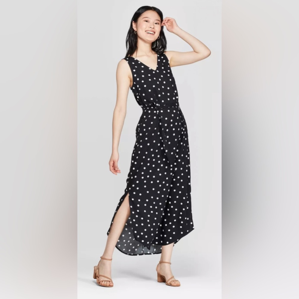 A New Day Black Midi Dress with White Polka Dots